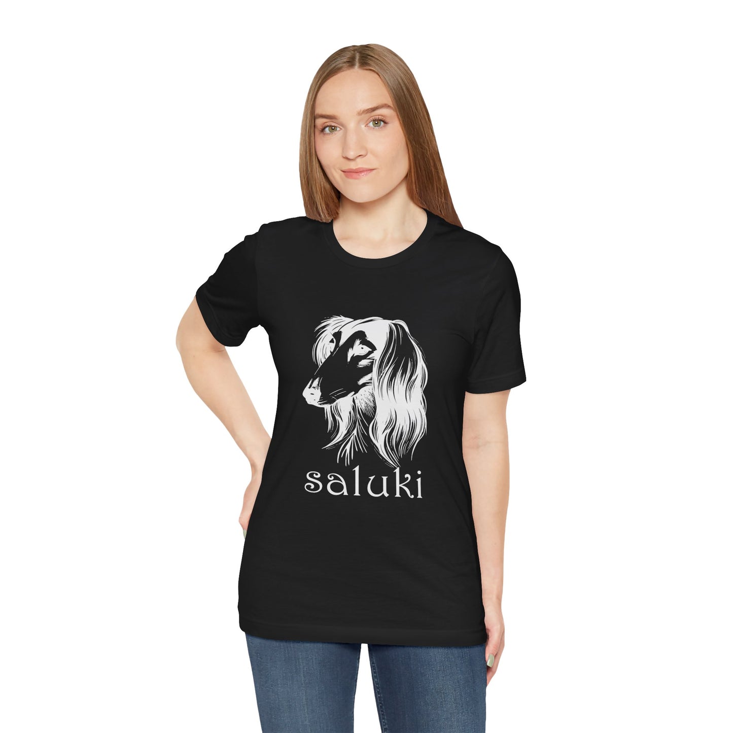 Unisex Jersey Short Sleeve Tee featuring a Saluki dog breed head study portrait - Style 2