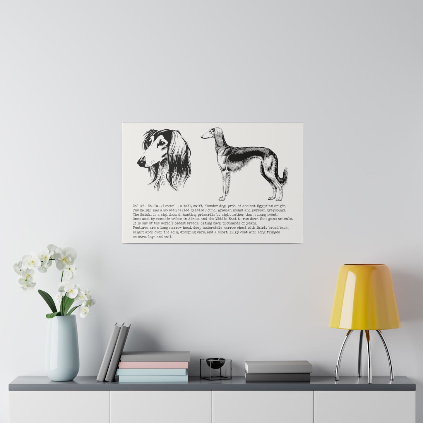 SALUKI in a BLACK INK line art style on a 24" x 16" Matte Canvas landscape frame, Stretched, 0.75"