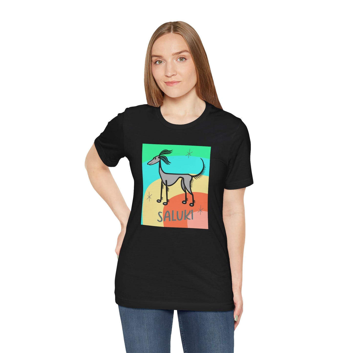 Unisex Jersey Short Sleeve Tee featuring a cartoon style Saluki standing, looking into the distance, with a color background.