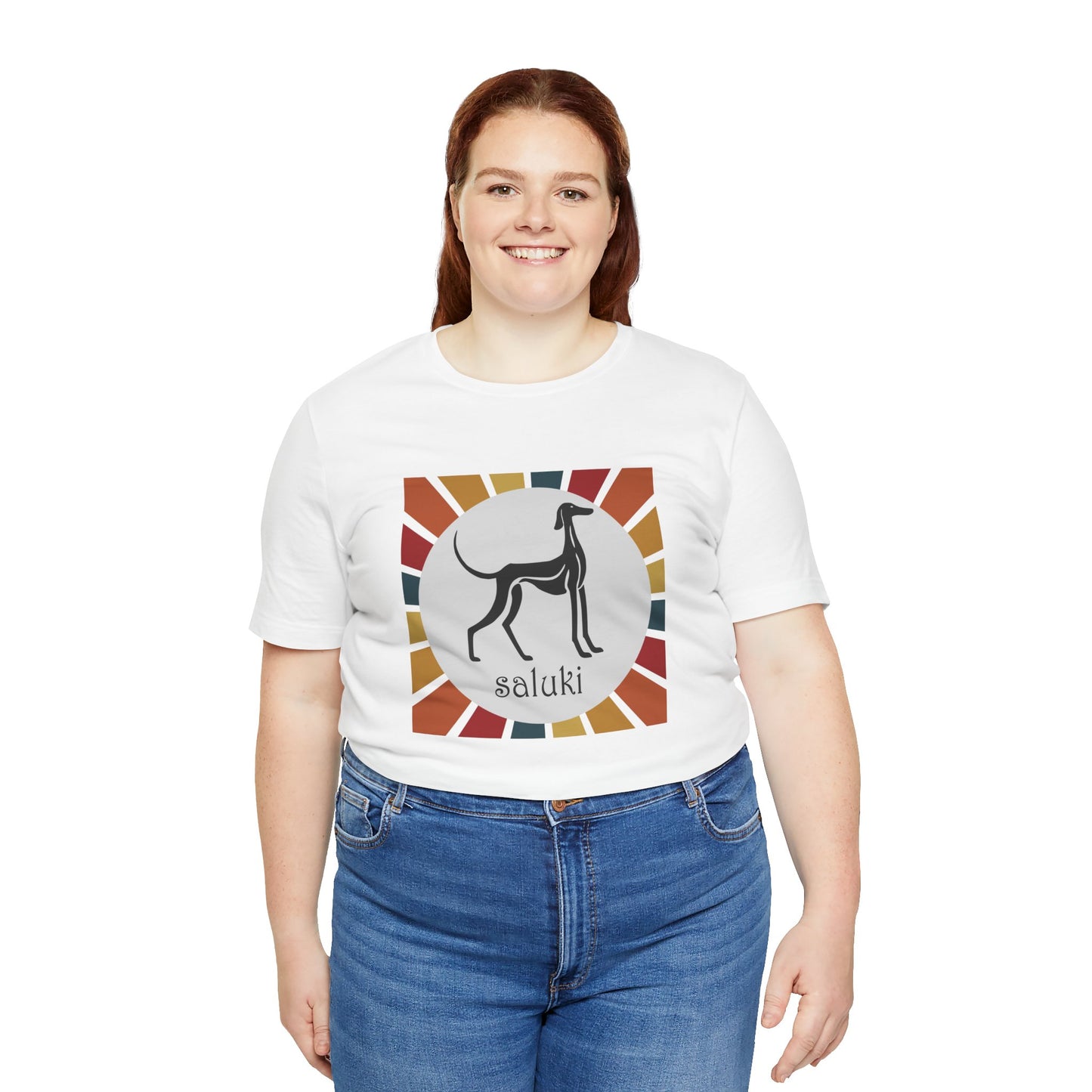 Unisex Jersey Short Sleeve Tee featuring a stylised graphic of a Saluki (Smooth Coat) standing, looking onto the distance, with a color background.