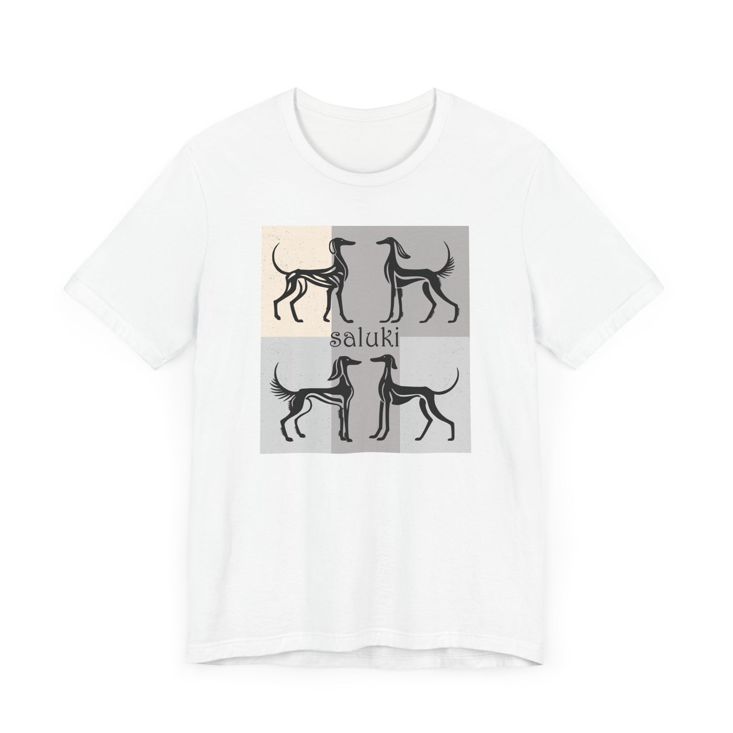 Unisex Jersey Short Sleeve Tee featuring a stylised graphic of a group of Salukis standing, looking onto the distance, with a background of matching tones..