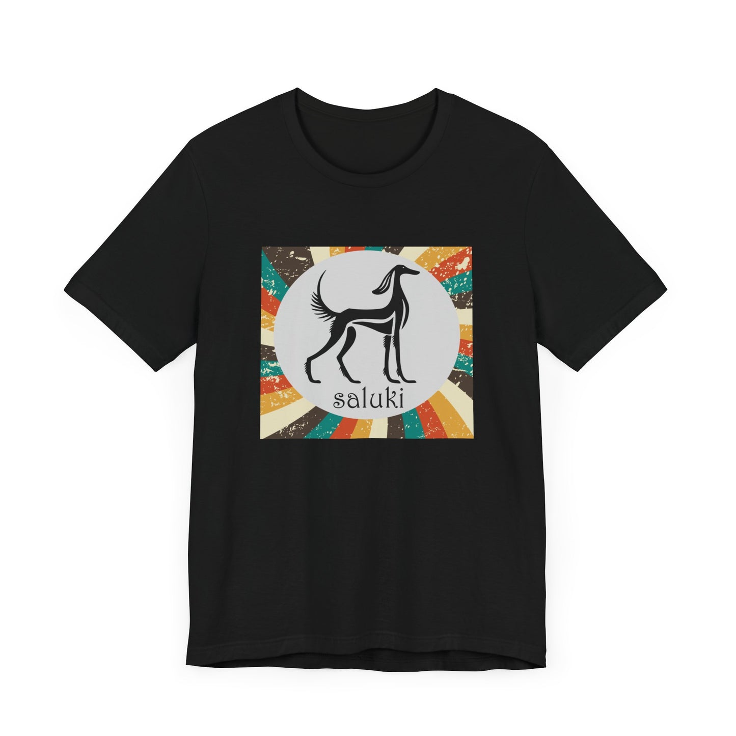 Unisex Jersey Short Sleeve Tee featuring a stylised graphic of a Saluki standing, looking onto the distance, with a color background. (Art 1)