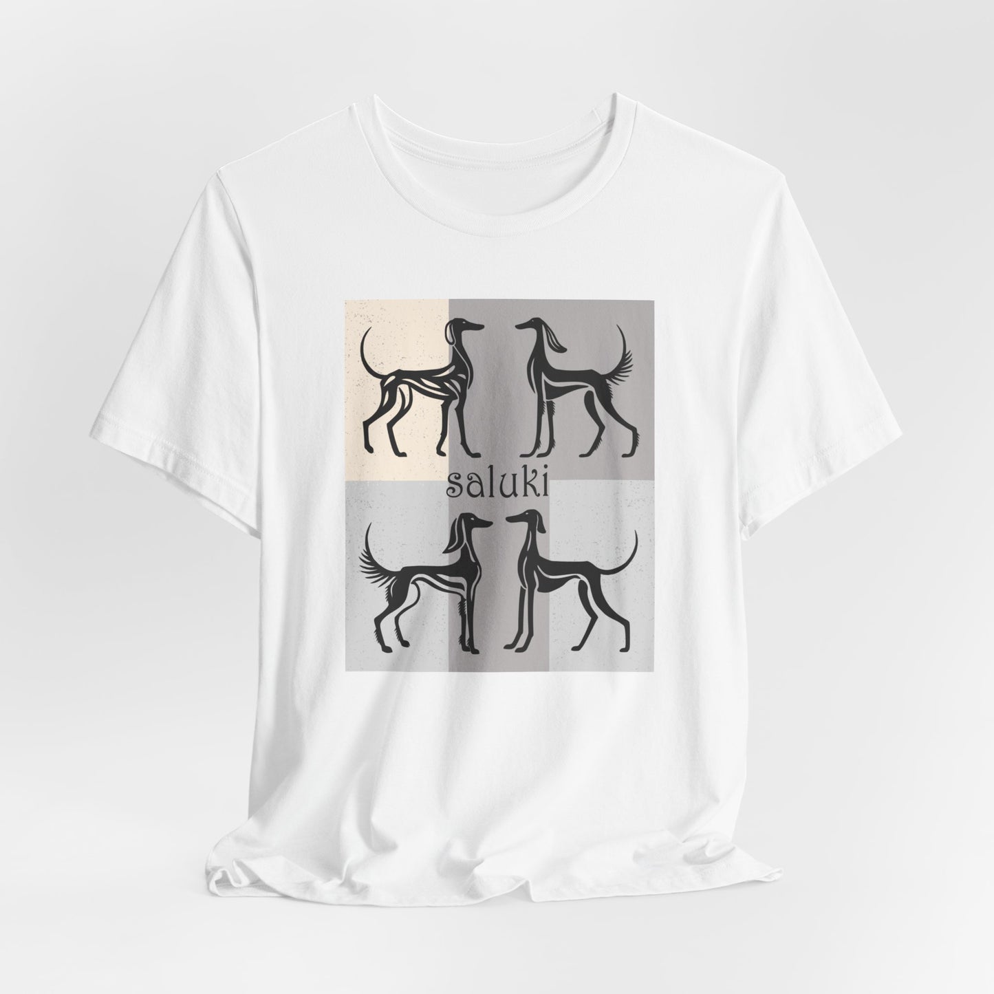 Unisex Jersey Short Sleeve Tee featuring a stylised graphic of a group of Salukis standing, looking onto the distance, with a background of matching tones..