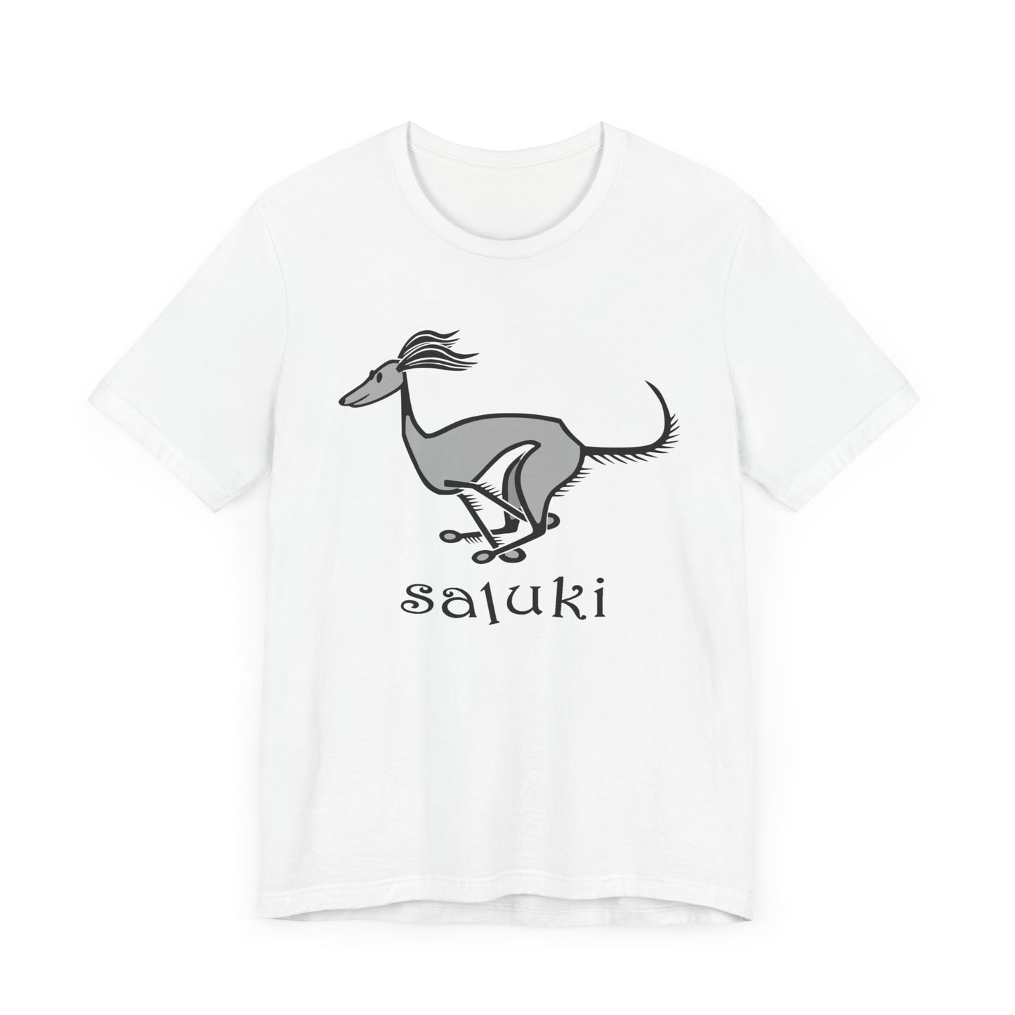Unisex Jersey Short Sleeve Tee featuring a cartoon style Saluki galloping, with a color background.