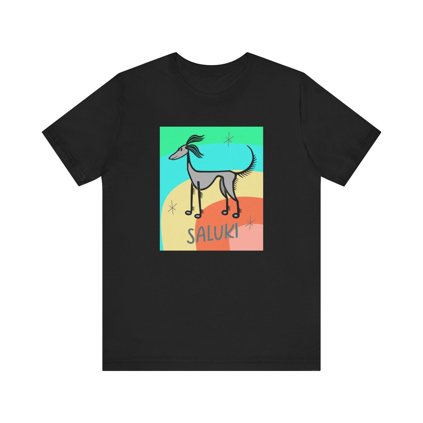 Unisex Jersey Short Sleeve Tee featuring a cartoon style Saluki standing, looking into the distance, with a color background.