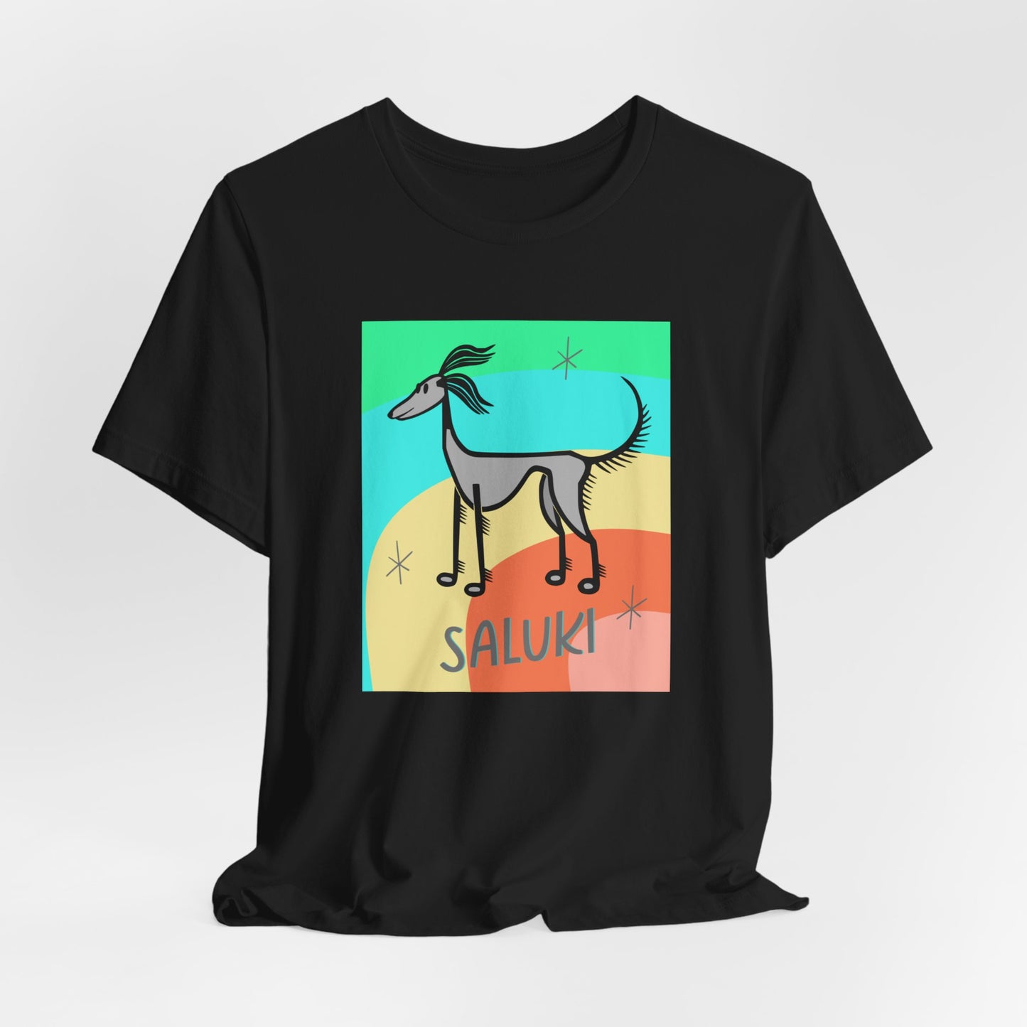 Unisex Jersey Short Sleeve Tee featuring a cartoon style Saluki standing, looking into the distance, with a color background.