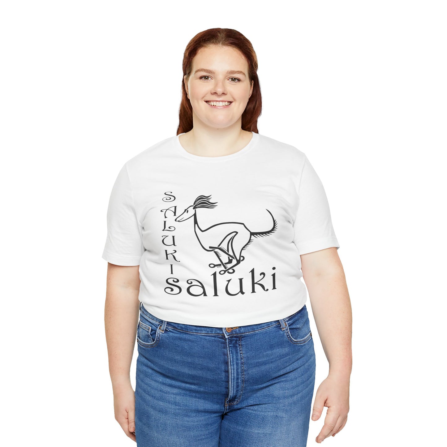 Unisex Jersey Short Sleeve Tee in white featuring a cartoon style Saluki dog breed galloping.
