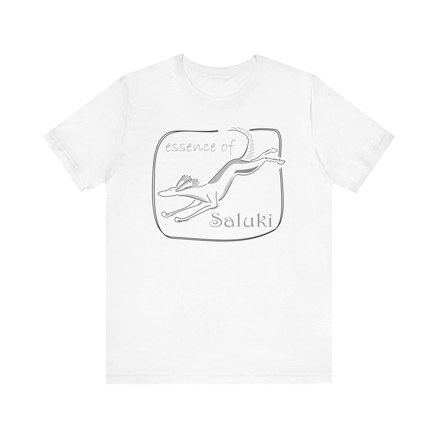 Unisex Jersey Short Sleeve Tee in white featuring a Saluki dog breed in full flight.