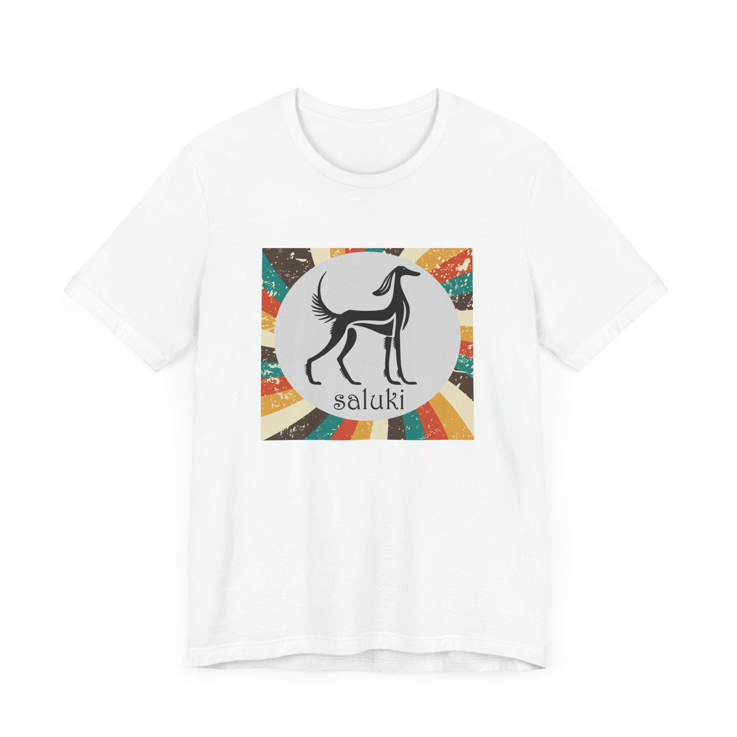 Unisex Jersey Short Sleeve Tee featuring a stylised graphic of a Saluki standing, looking onto the distance, with a color background. (Art 1)
