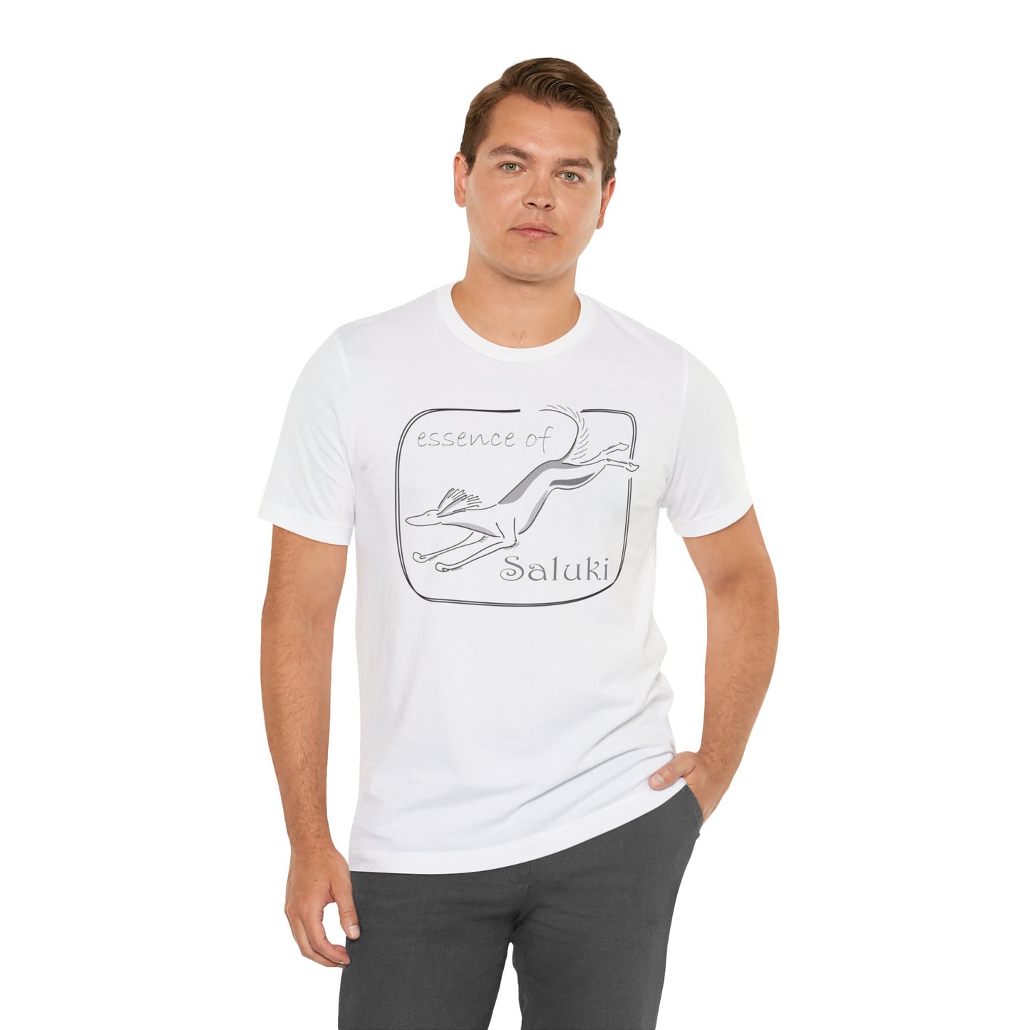 Unisex Jersey Short Sleeve Tee in white featuring a Saluki dog breed in full flight.