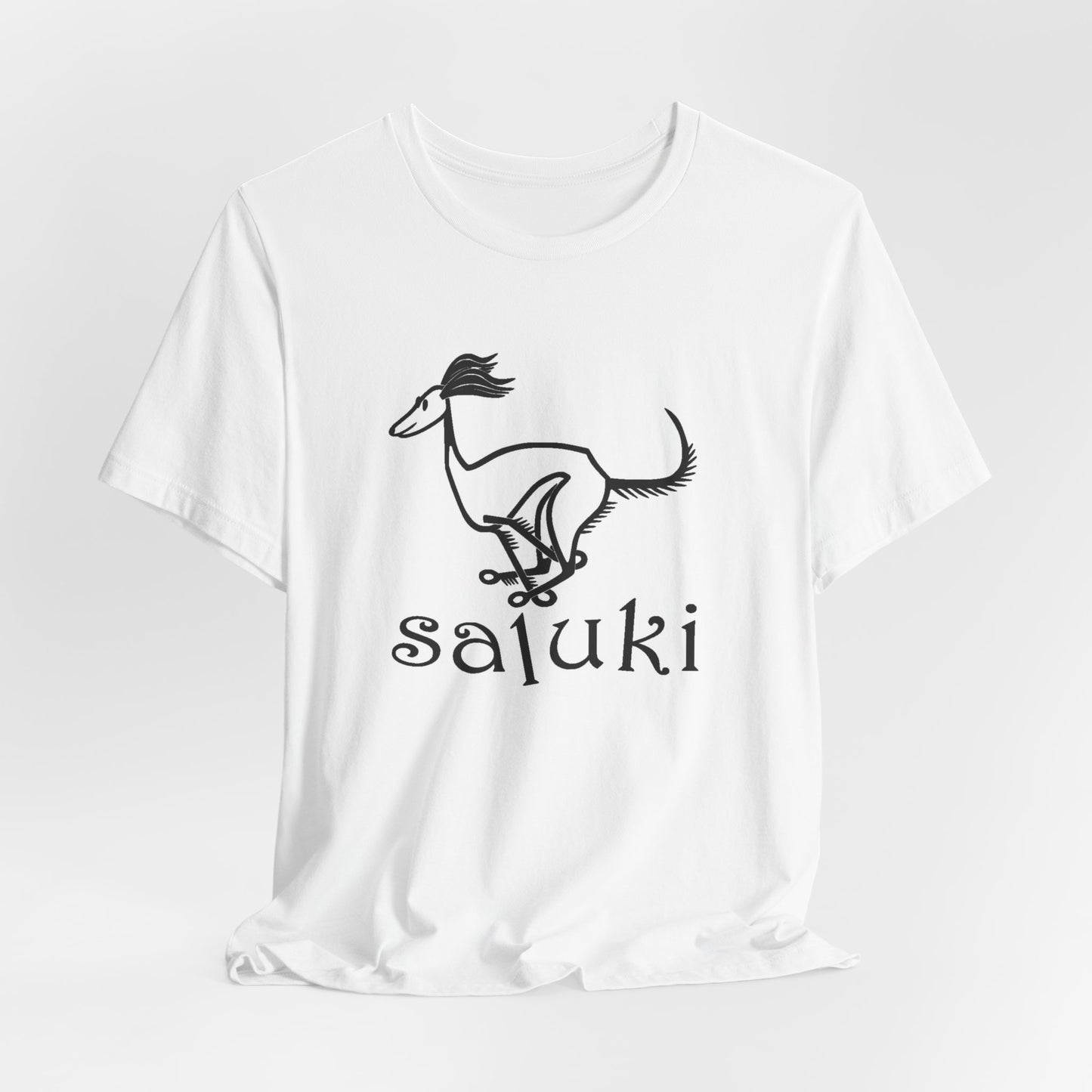 Unisex Jersey Short Sleeve Tee in white featuring a cartoon style Saluki dog galloping.