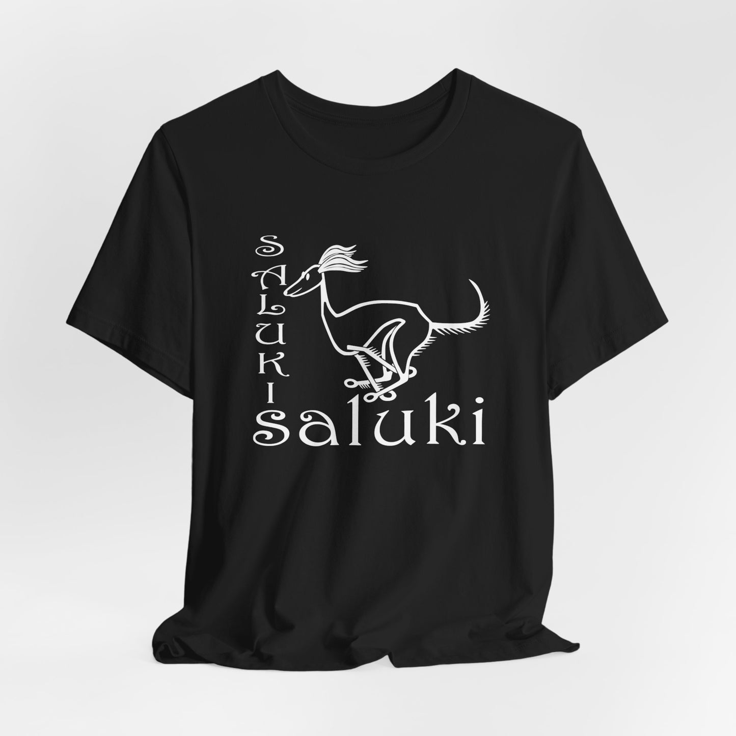 Unisex Jersey Short Sleeve Tee in black featuring a cartoon style Saluki dog breed galloping.