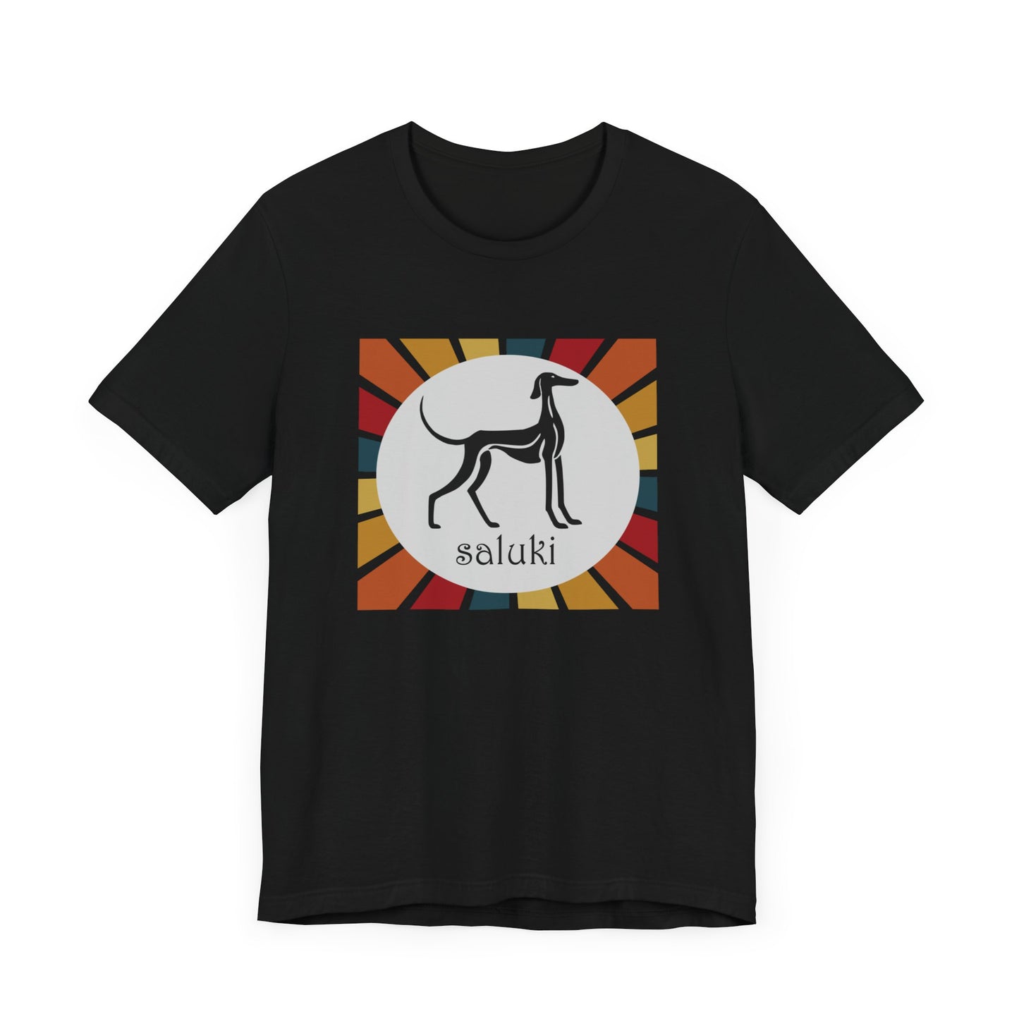 Unisex Jersey Short Sleeve Tee featuring a stylised graphic of a Saluki (Smooth Coat) standing, looking onto the distance, with a color background.