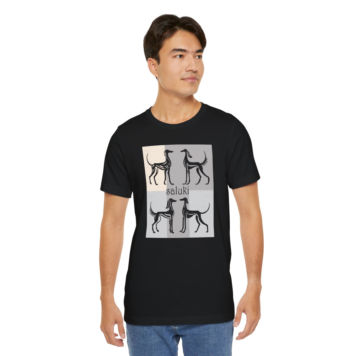 Unisex Jersey Short Sleeve Tee featuring a stylised graphic of a group of Salukis standing, looking onto the distance, with a background of matching tones..