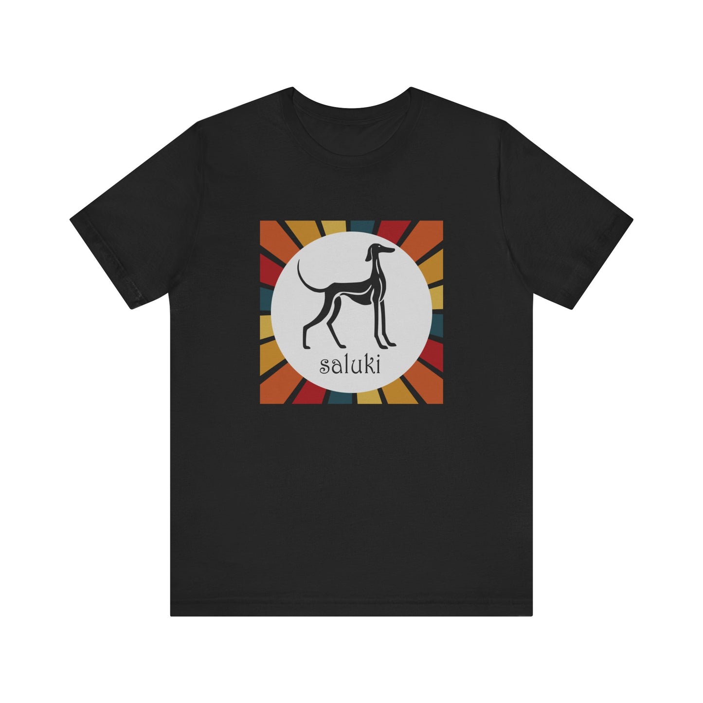 Unisex Jersey Short Sleeve Tee featuring a stylised graphic of a Saluki (Smooth Coat) standing, looking onto the distance, with a color background.