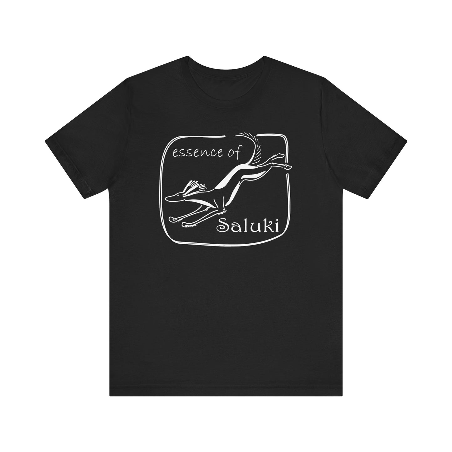 Unisex Jersey Short Sleeve Tee in black featuring a Saluki dog breed in full flight.