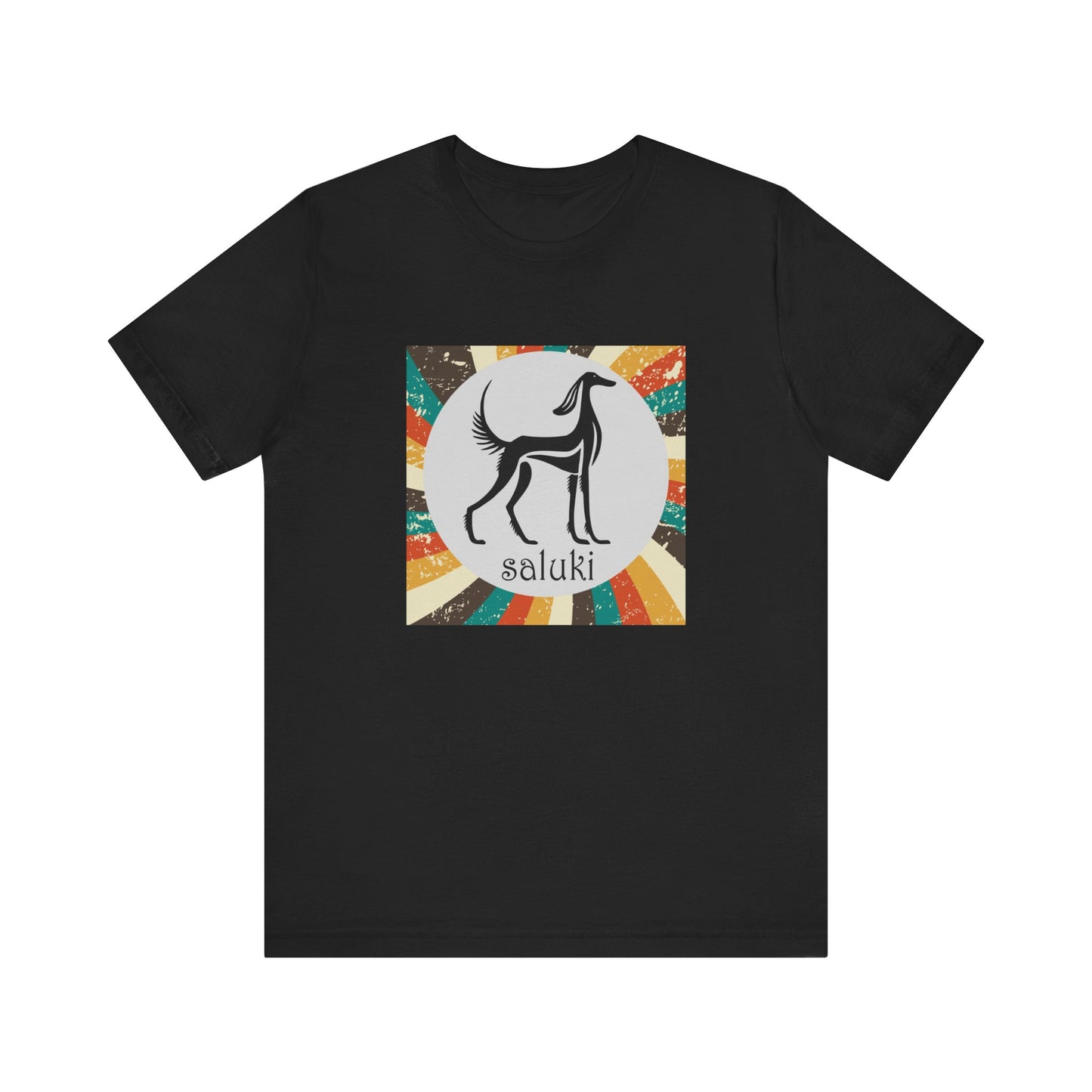 Unisex Jersey Short Sleeve Tee featuring a stylised graphic of a Saluki standing, looking onto the distance, with a color background. (Art 1)