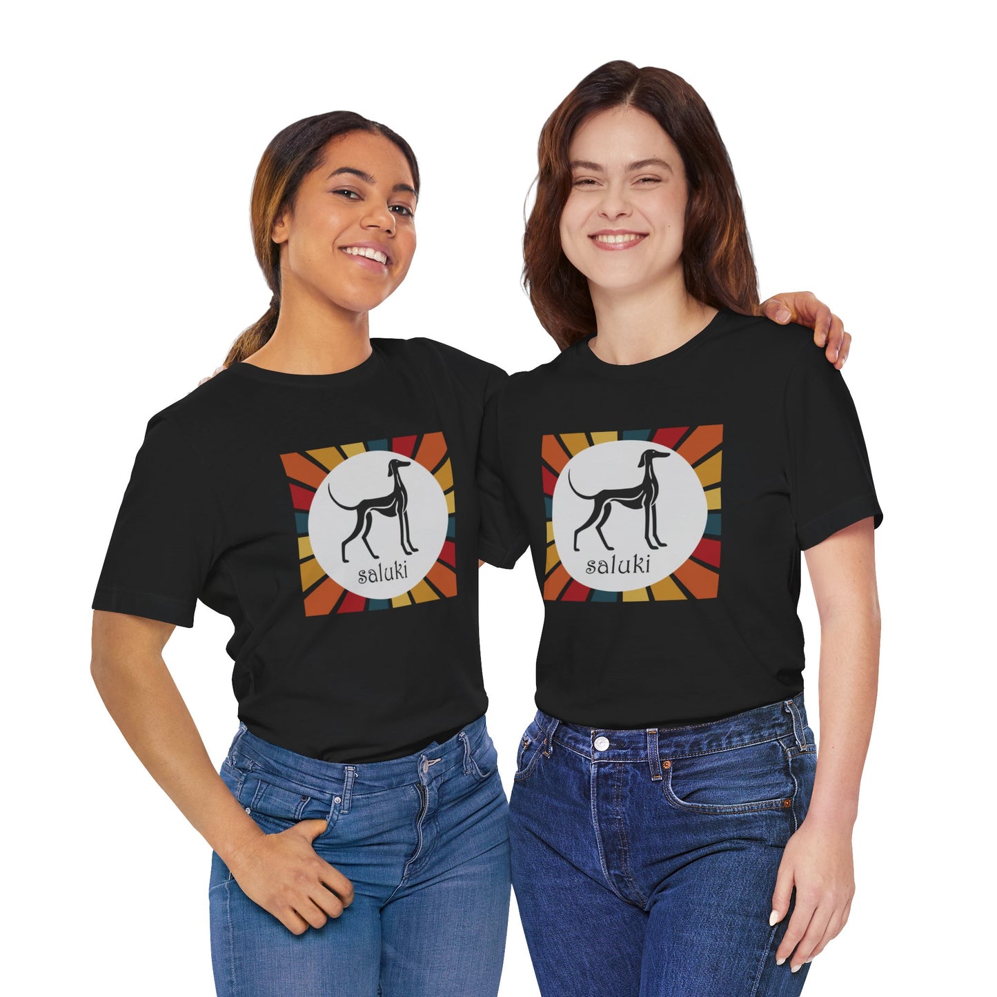 Unisex Jersey Short Sleeve Tee featuring a stylised graphic of a Saluki (Smooth Coat) standing, looking onto the distance, with a color background.