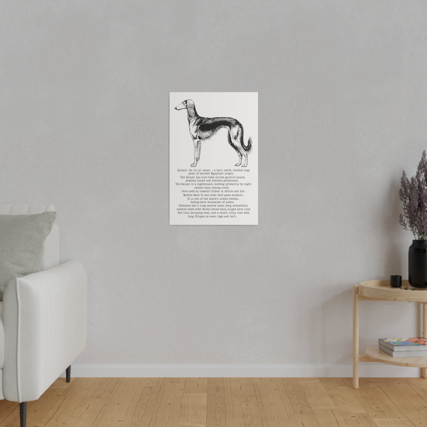 SALUKI in a BLACK INK line art style on a 16" x 24" Matte Canvas portrait frame, Stretched, 0.75"