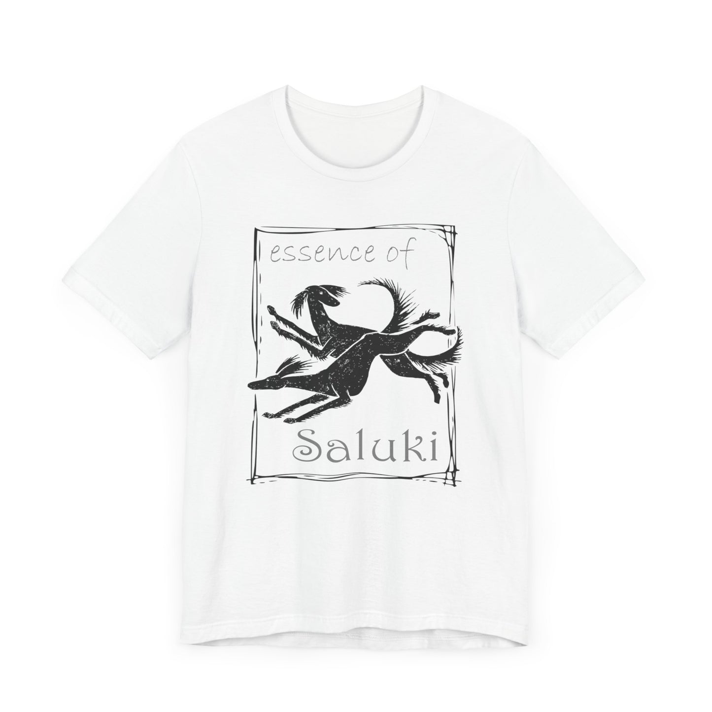 Unisex Jersey Short Sleeve Tee in white featuring the Saluki dog breed in full flight.