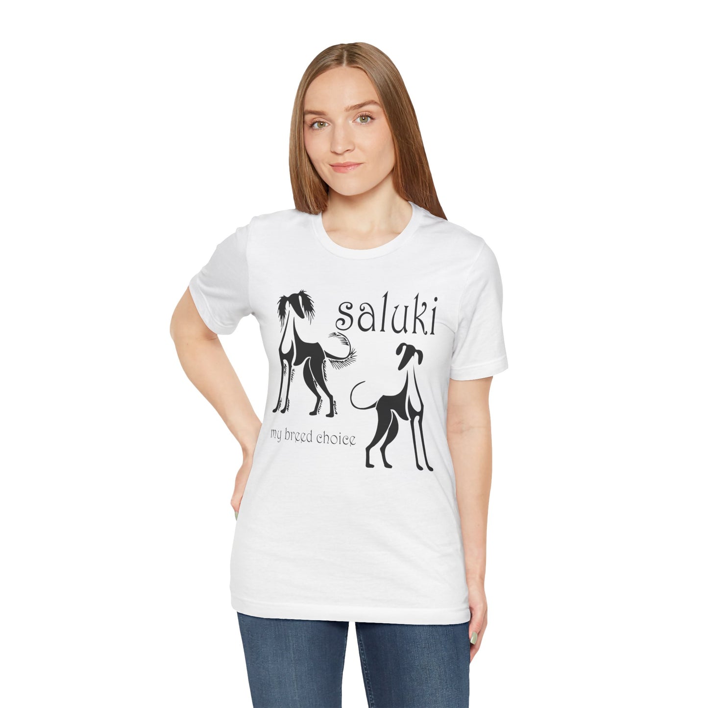 Unisex Jersey Short Sleeve Tee featuring the Saluki dog breed in 2 varieties.