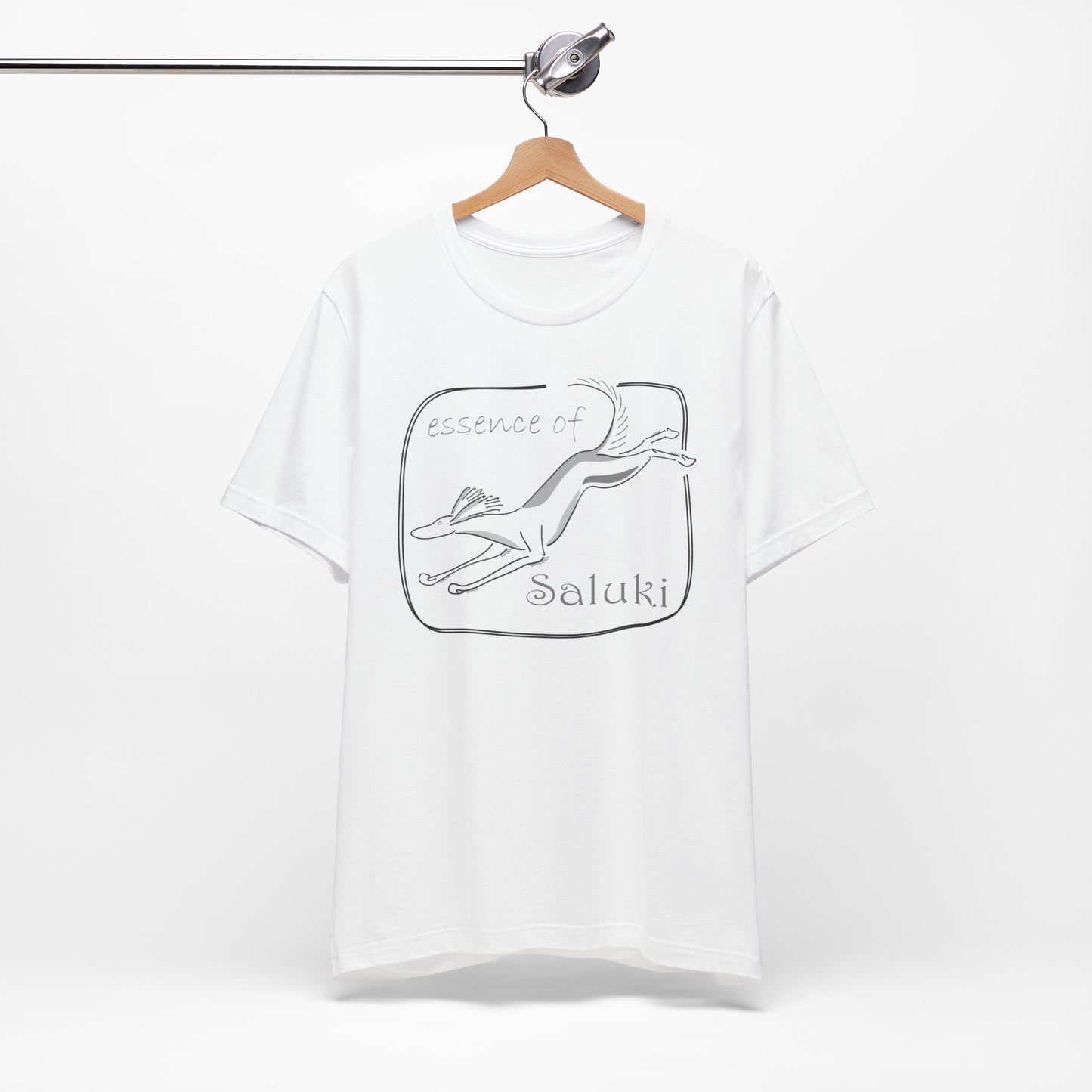 Unisex Jersey Short Sleeve Tee in white featuring a Saluki dog breed in full flight.
