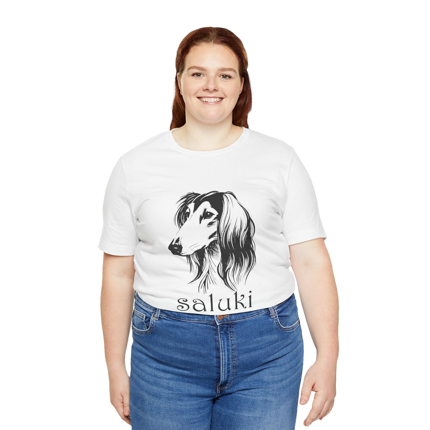 Unisex Jersey Short Sleeve Tee featuring a Saluki dog breed head study portrait - Style 2 White