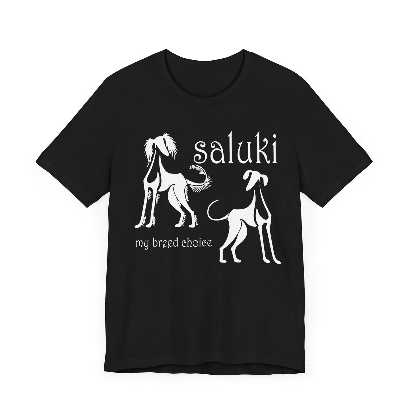 Unisex Jersey Short Sleeve Tee in black featuring the Saluki dog breed in 2 varieties.