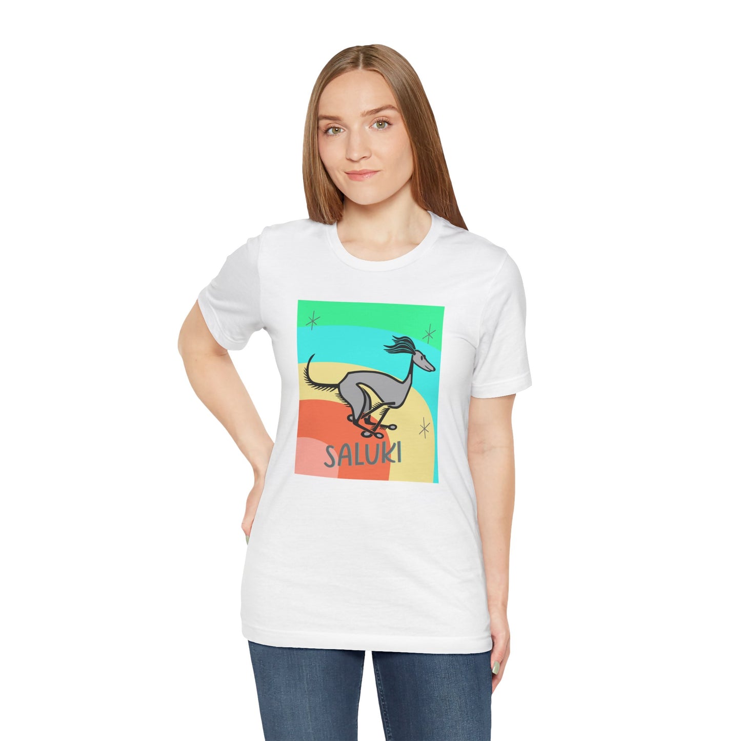 Unisex Jersey Short Sleeve Tee featuring a cartoon style Saluki galloping, with a color background.