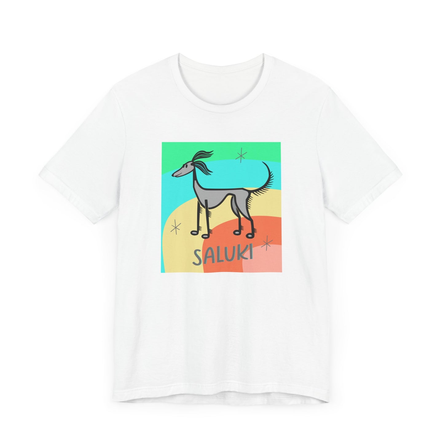 Unisex Jersey Short Sleeve Tee featuring a cartoon style Saluki standing, looking into the distance, with a color background.
