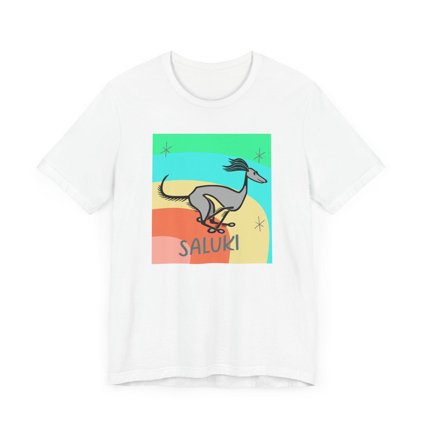 Unisex Jersey Short Sleeve Tee featuring a cartoon style Saluki galloping, with a color background.