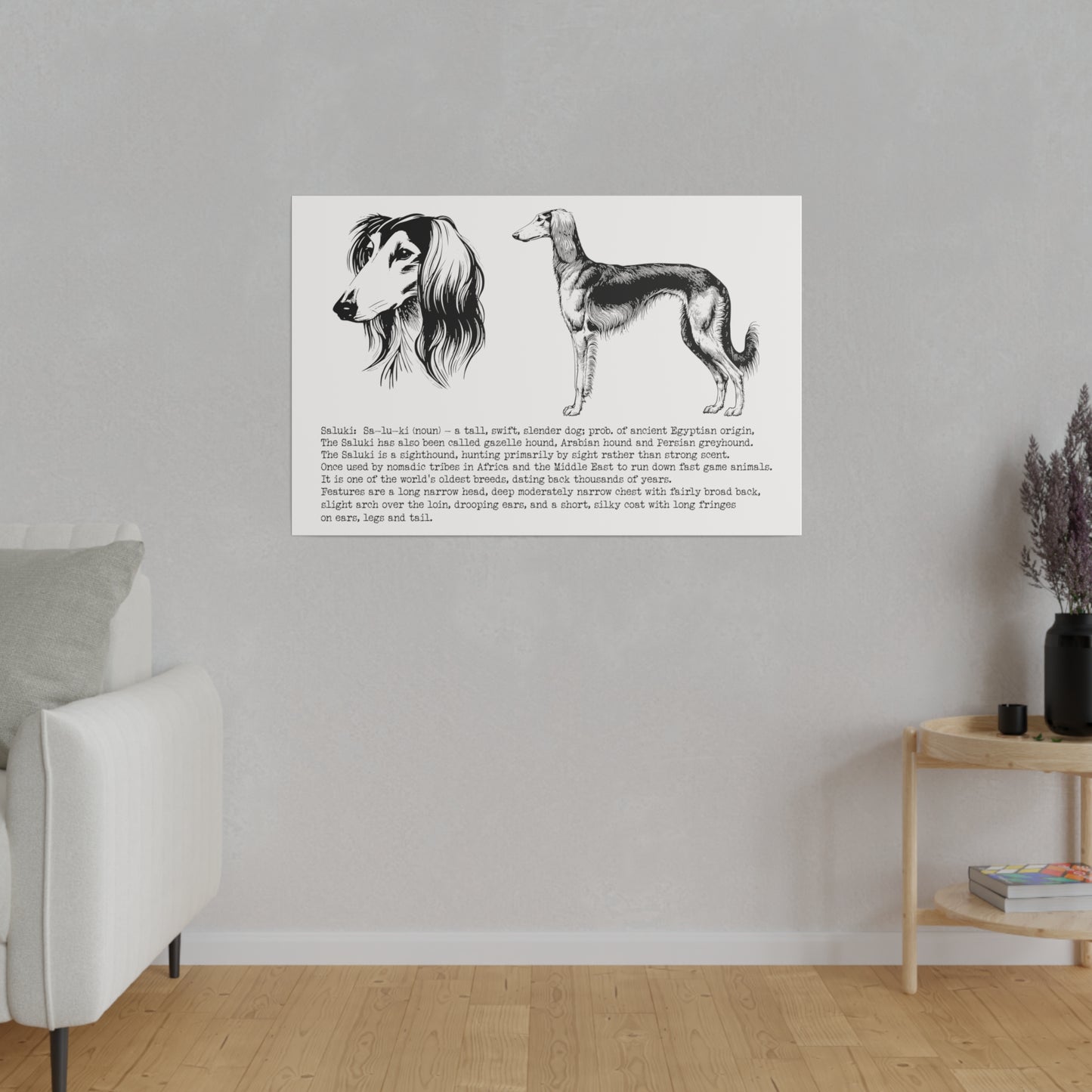 SALUKI in a BLACK INK line art style on a 36" x 24" Matte Canvas landscape frame, Stretched, 0.75"