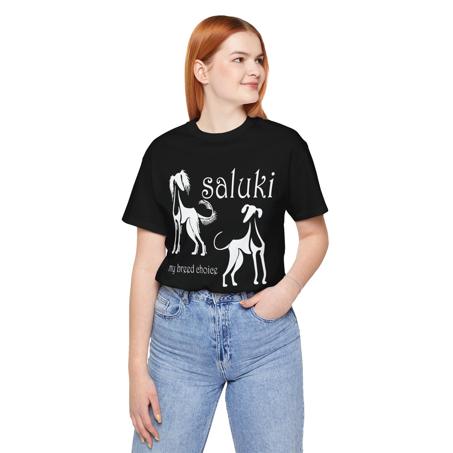 Unisex Jersey Short Sleeve Tee in black featuring the Saluki dog breed in 2 varieties.