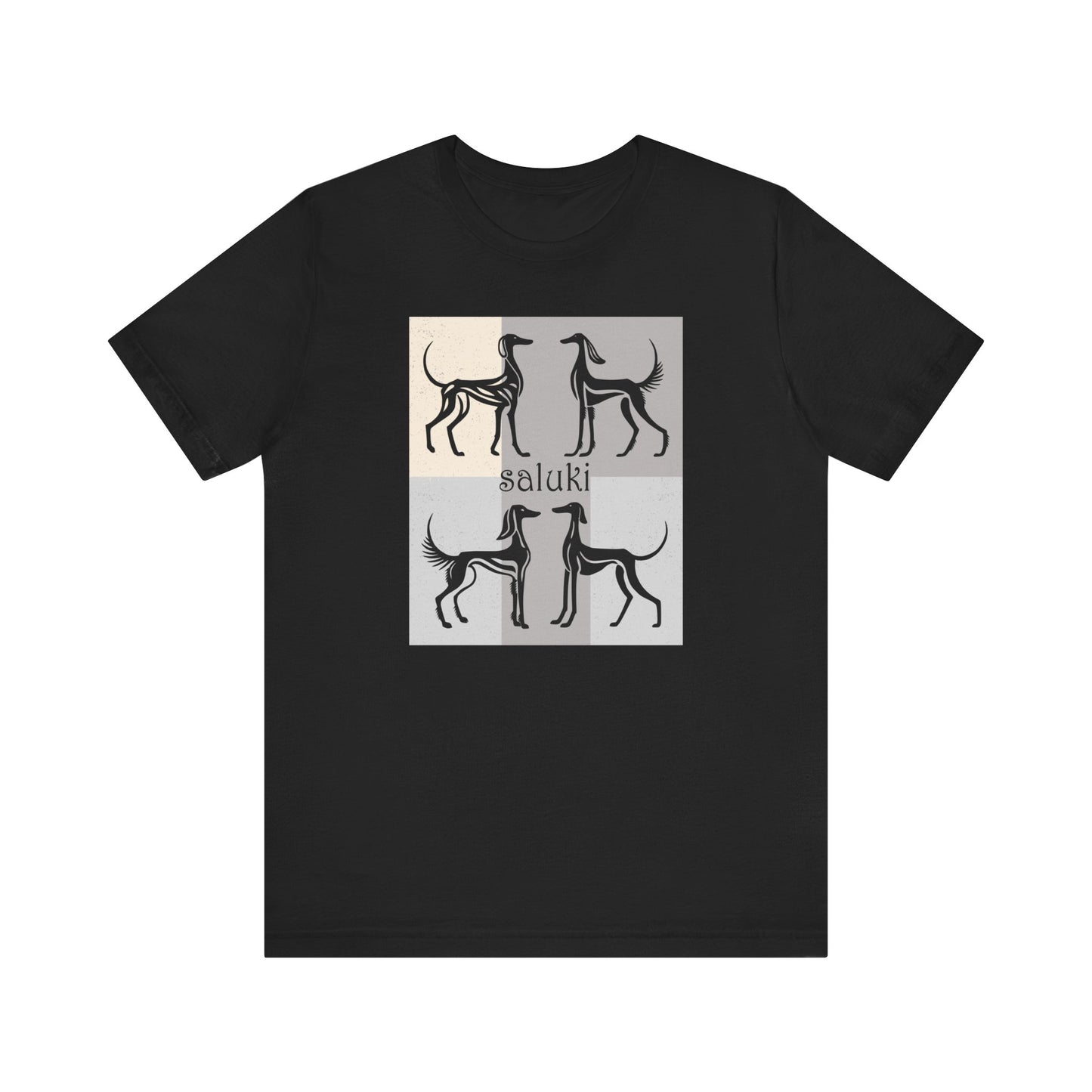 Unisex Jersey Short Sleeve Tee featuring a stylised graphic of a group of Salukis standing, looking onto the distance, with a background of matching tones..