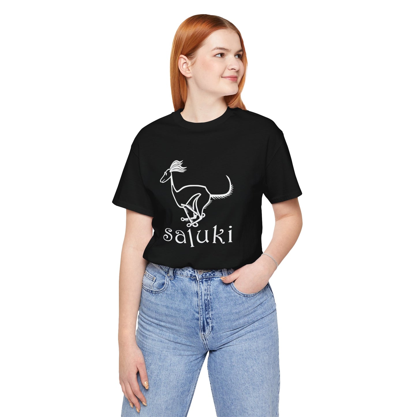 Unisex Jersey Short Sleeve Tee in white featuring a cartoon style Saluki dog galloping.