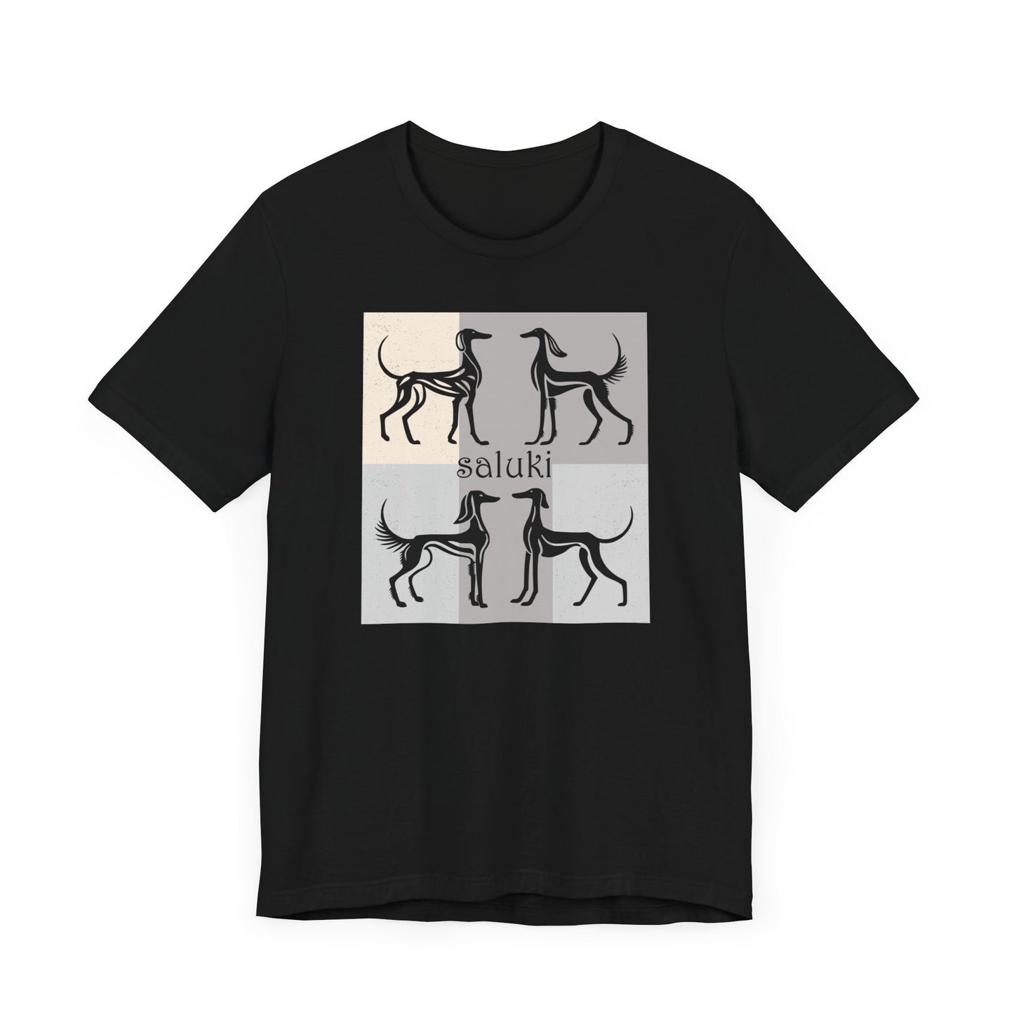 Unisex Jersey Short Sleeve Tee featuring a stylised graphic of a group of Salukis standing, looking onto the distance, with a background of matching tones..