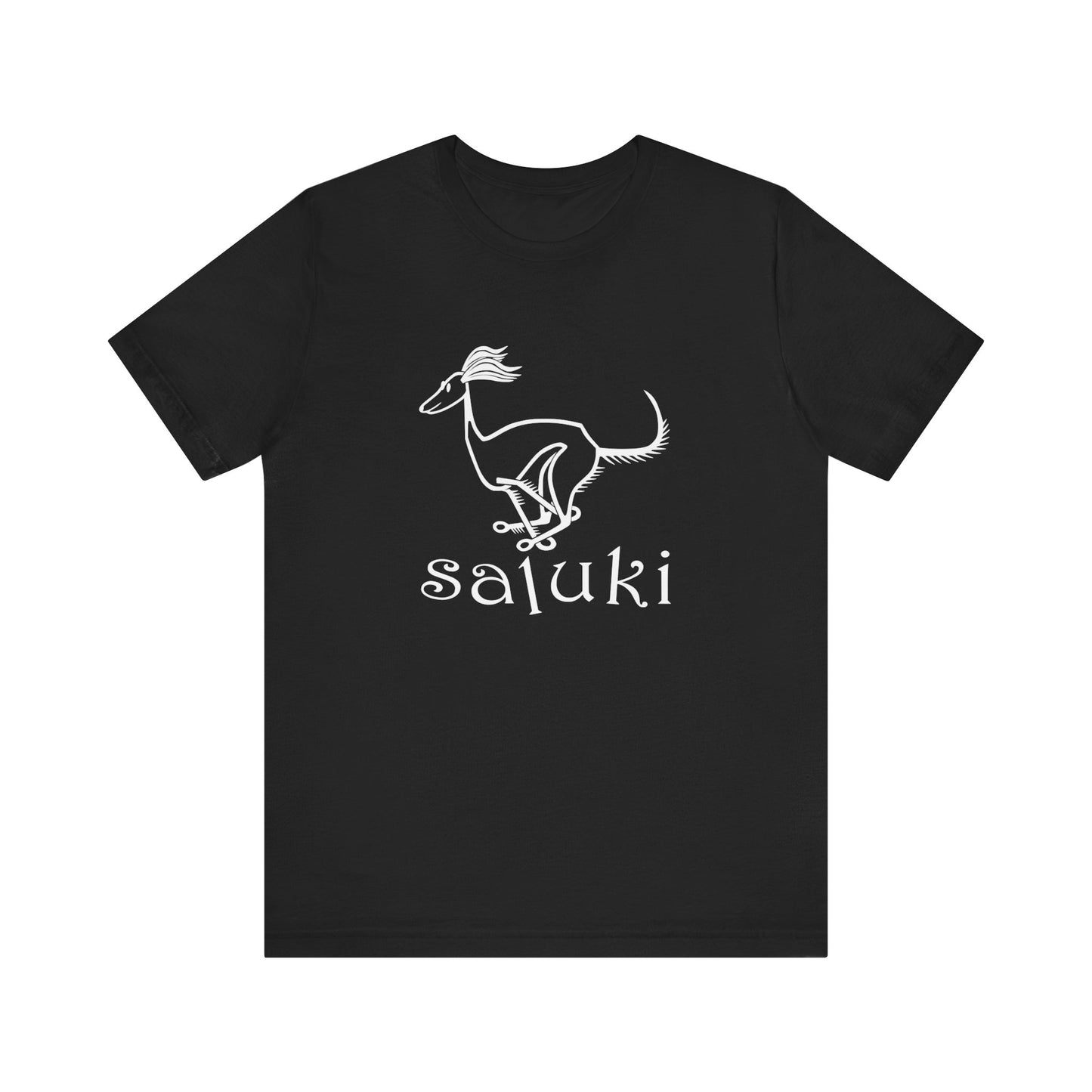 Unisex Jersey Short Sleeve Tee in white featuring a cartoon style Saluki dog galloping.