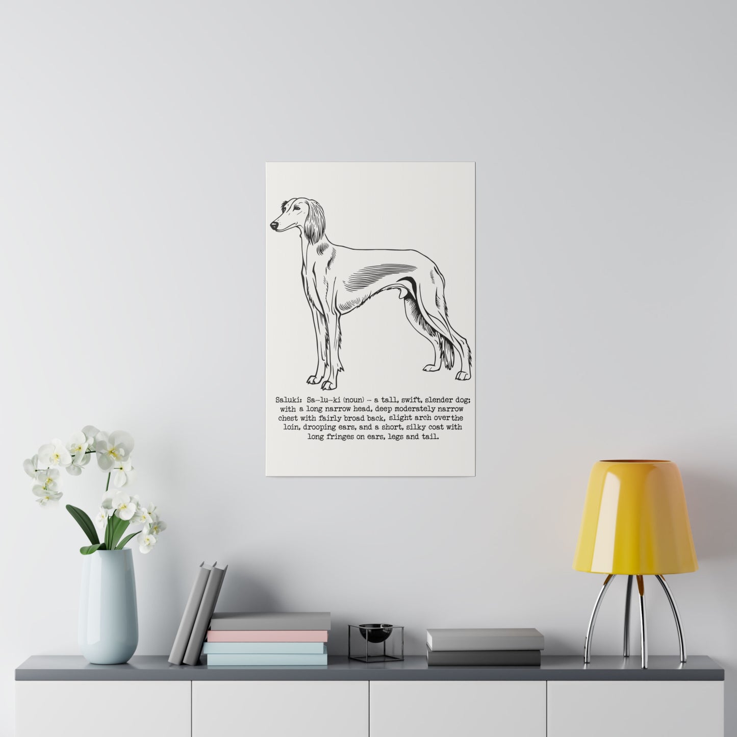 SALUKI in simple BLACK INK pen drawn style on a 16" x 24" Matte Canvas portrait frame, Stretched, 0.75"