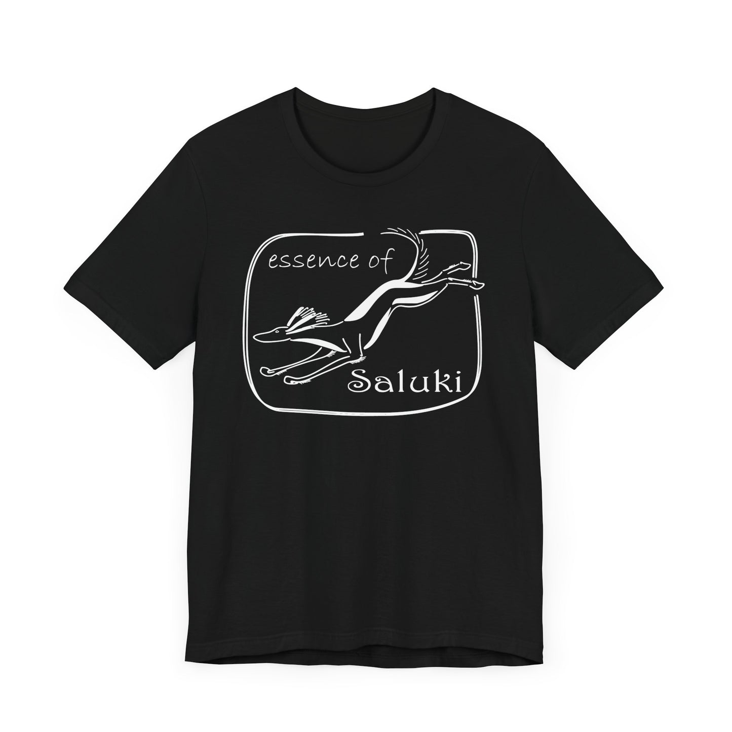 Unisex Jersey Short Sleeve Tee in black featuring a Saluki dog breed in full flight.