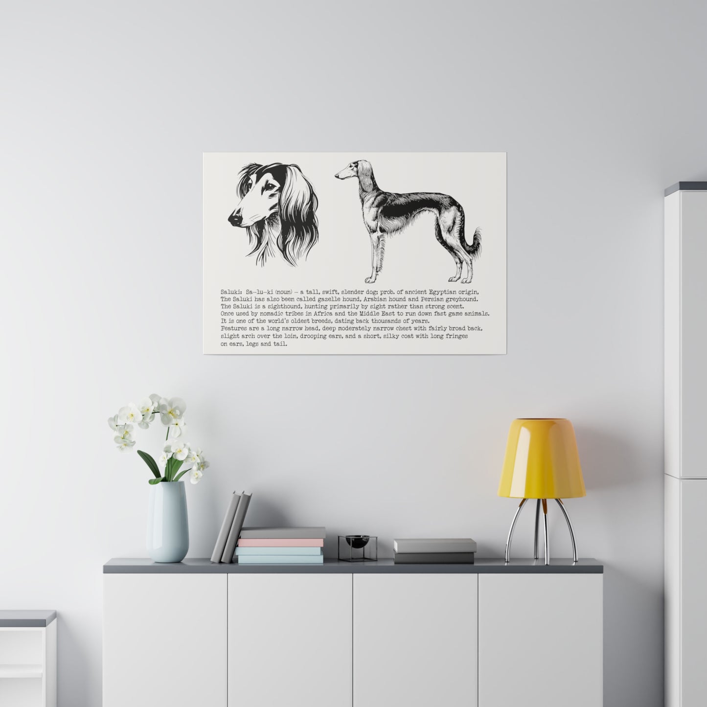 SALUKI in a BLACK INK line art style on a 36" x 24" Matte Canvas landscape frame, Stretched, 0.75"