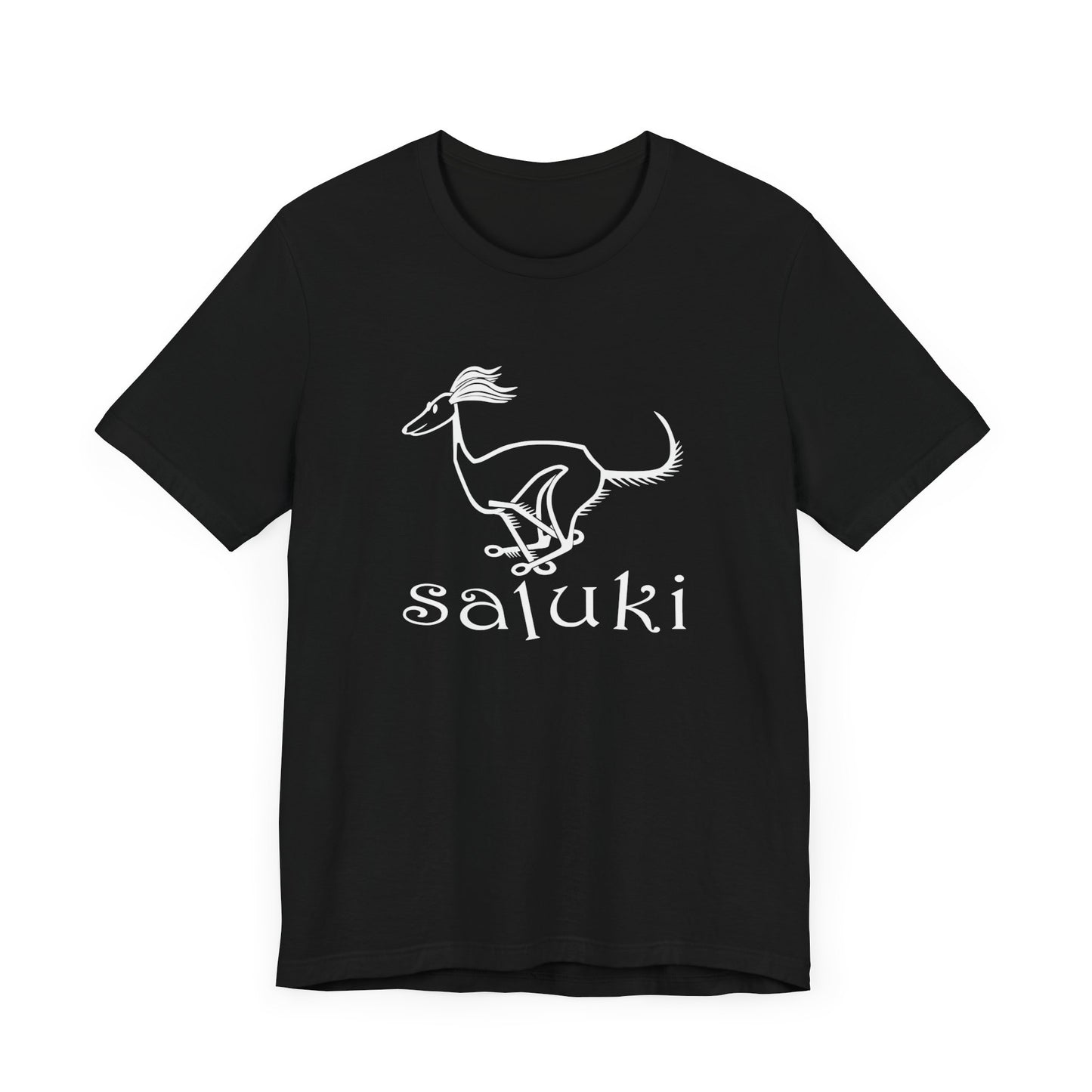 Unisex Jersey Short Sleeve Tee in white featuring a cartoon style Saluki dog galloping.