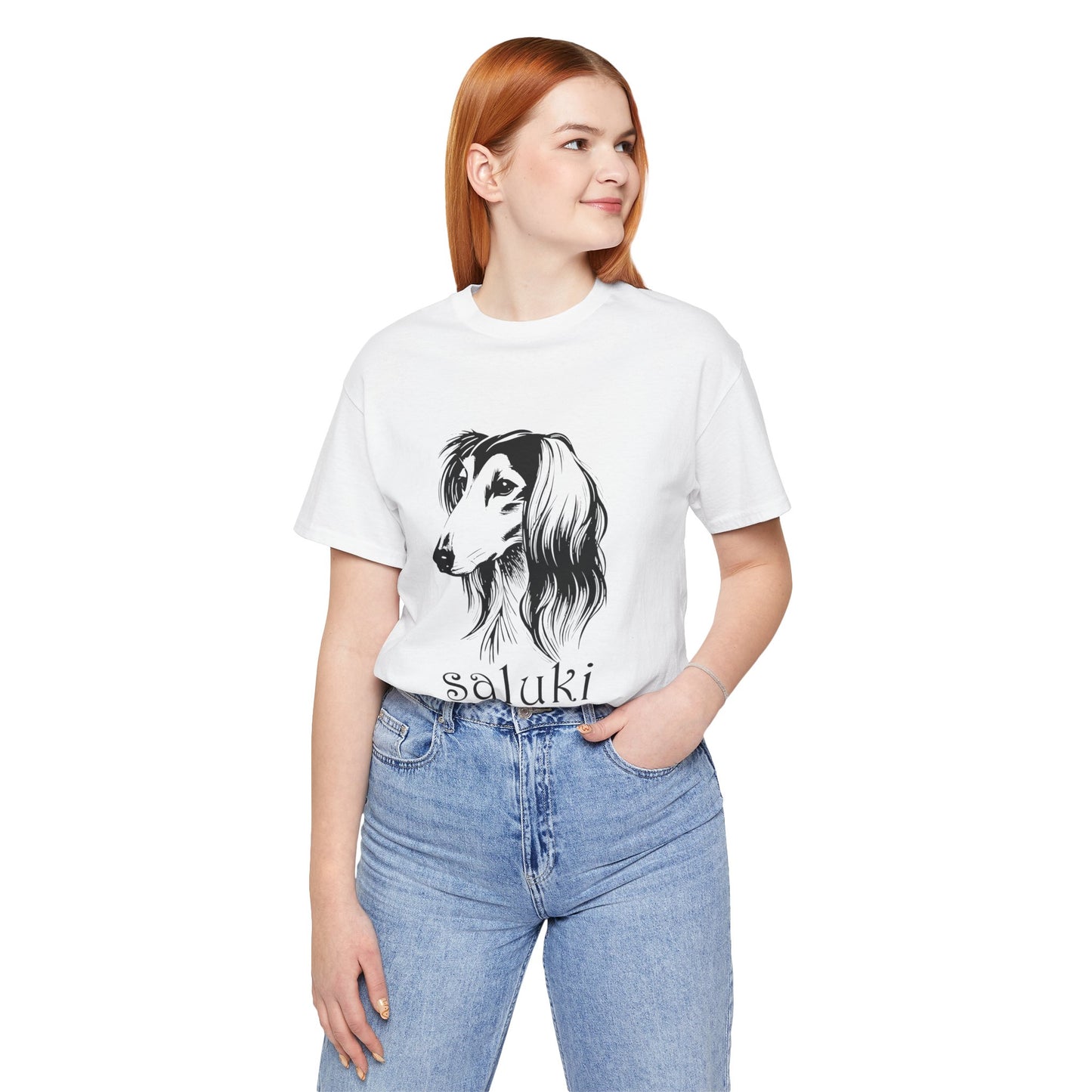 Unisex Jersey Short Sleeve Tee featuring a Saluki dog breed head study portrait - Style 2 White