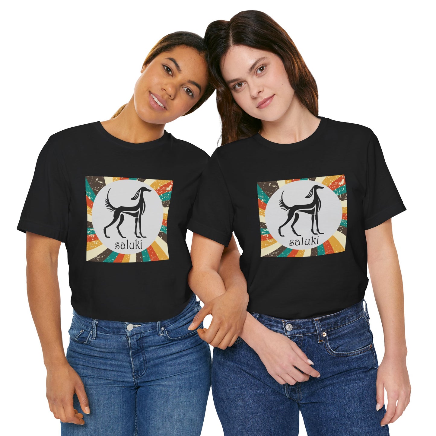 Unisex Jersey Short Sleeve Tee featuring a stylised graphic of a Saluki standing, looking onto the distance, with a color background. (Art 1)