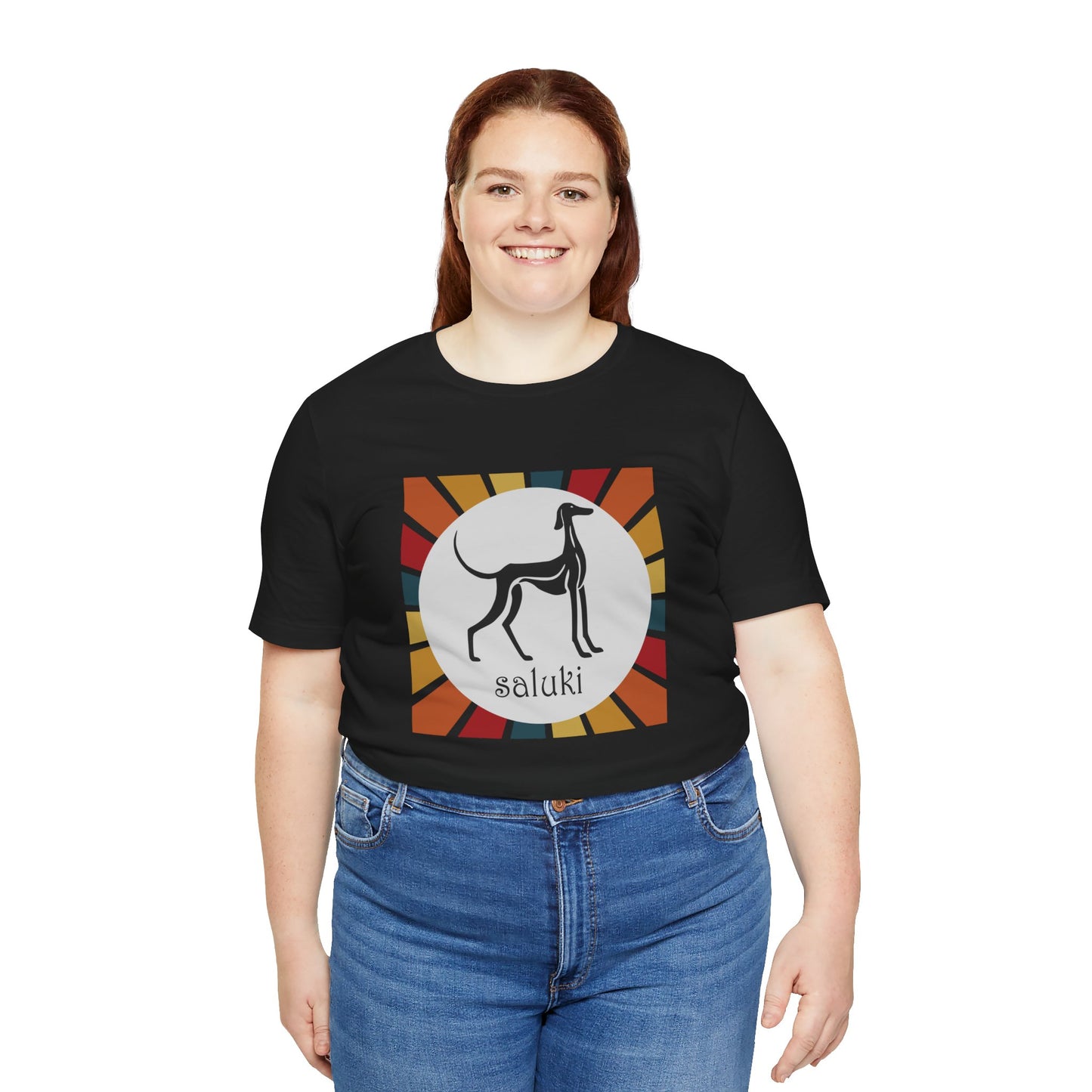 Unisex Jersey Short Sleeve Tee featuring a stylised graphic of a Saluki (Smooth Coat) standing, looking onto the distance, with a color background.