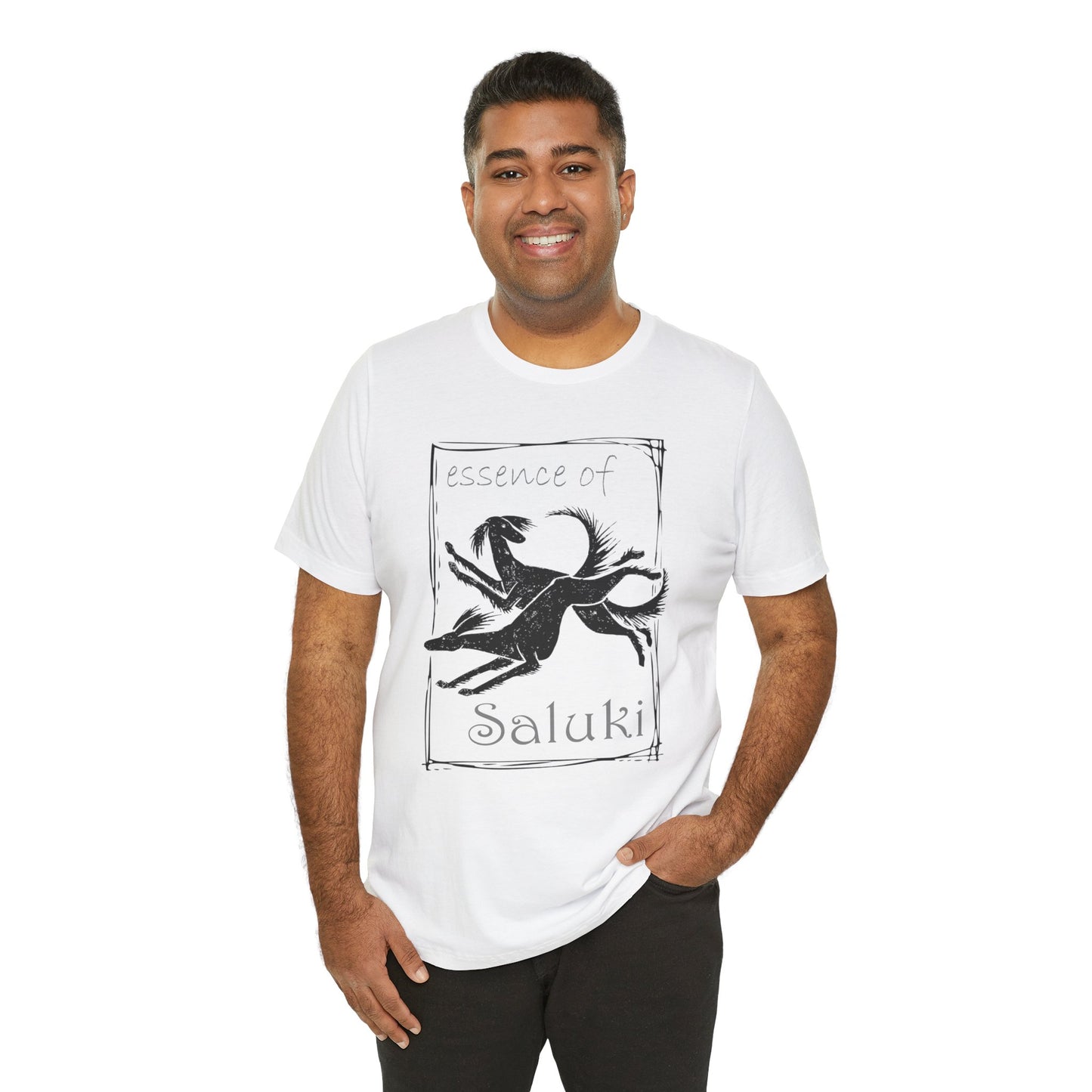 Unisex Jersey Short Sleeve Tee in white featuring the Saluki dog breed in full flight.