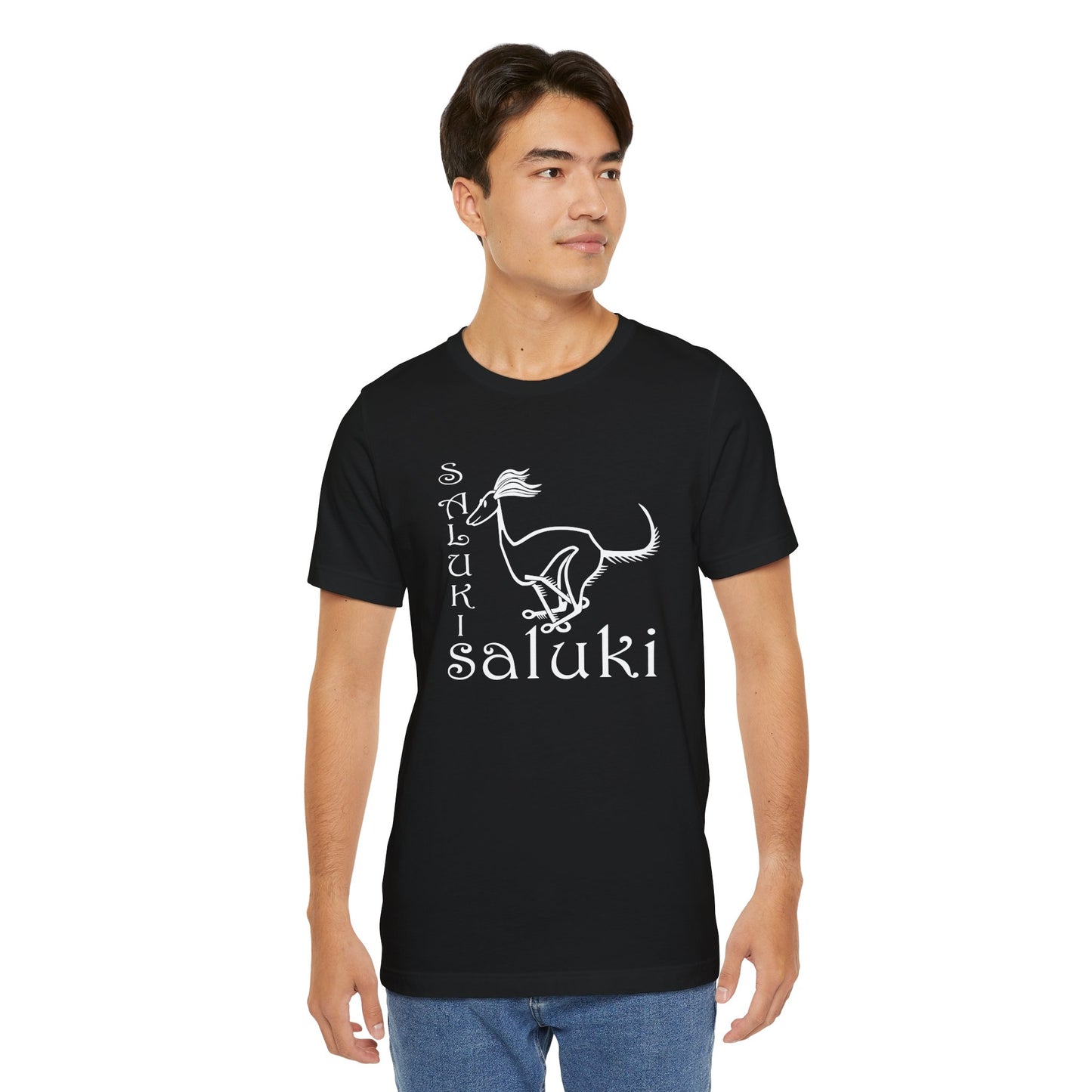 Unisex Jersey Short Sleeve Tee in black featuring a cartoon style Saluki dog breed galloping.