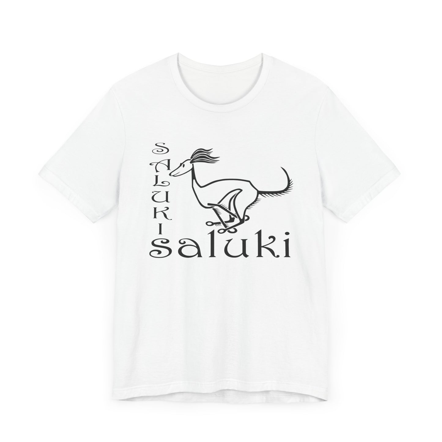 Unisex Jersey Short Sleeve Tee in white featuring a cartoon style Saluki dog breed galloping.