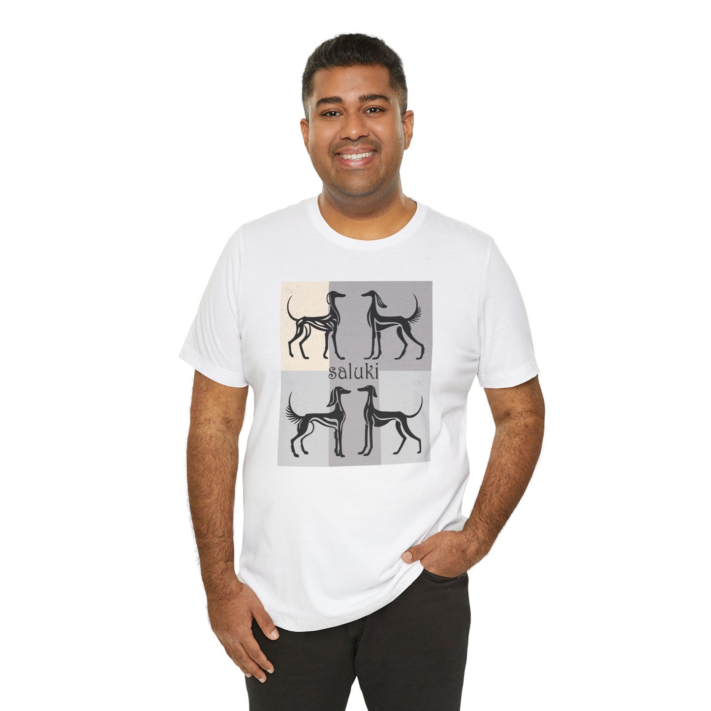 Unisex Jersey Short Sleeve Tee featuring a stylised graphic of a group of Salukis standing, looking onto the distance, with a background of matching tones..