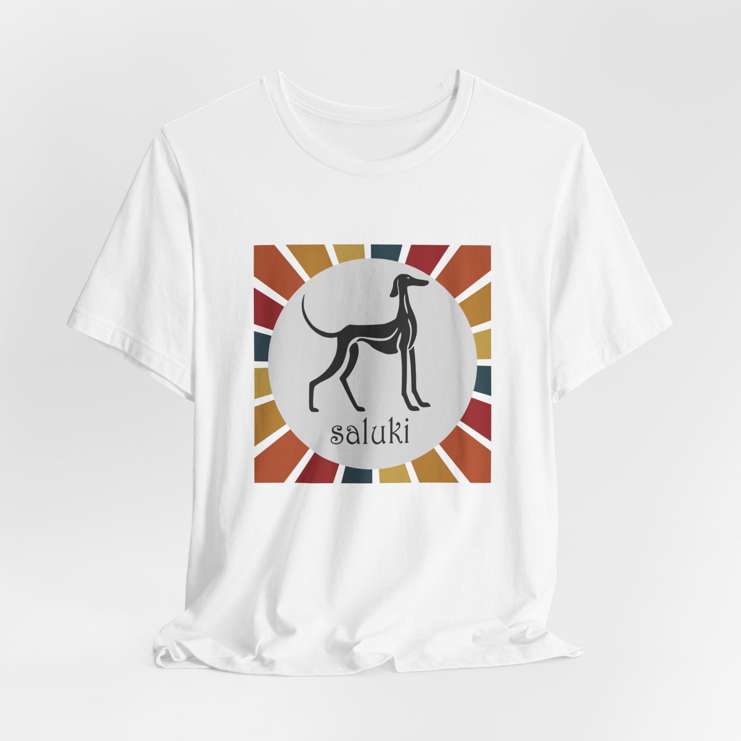 Unisex Jersey Short Sleeve Tee featuring a stylised graphic of a Saluki (Smooth Coat) standing, looking onto the distance, with a color background.