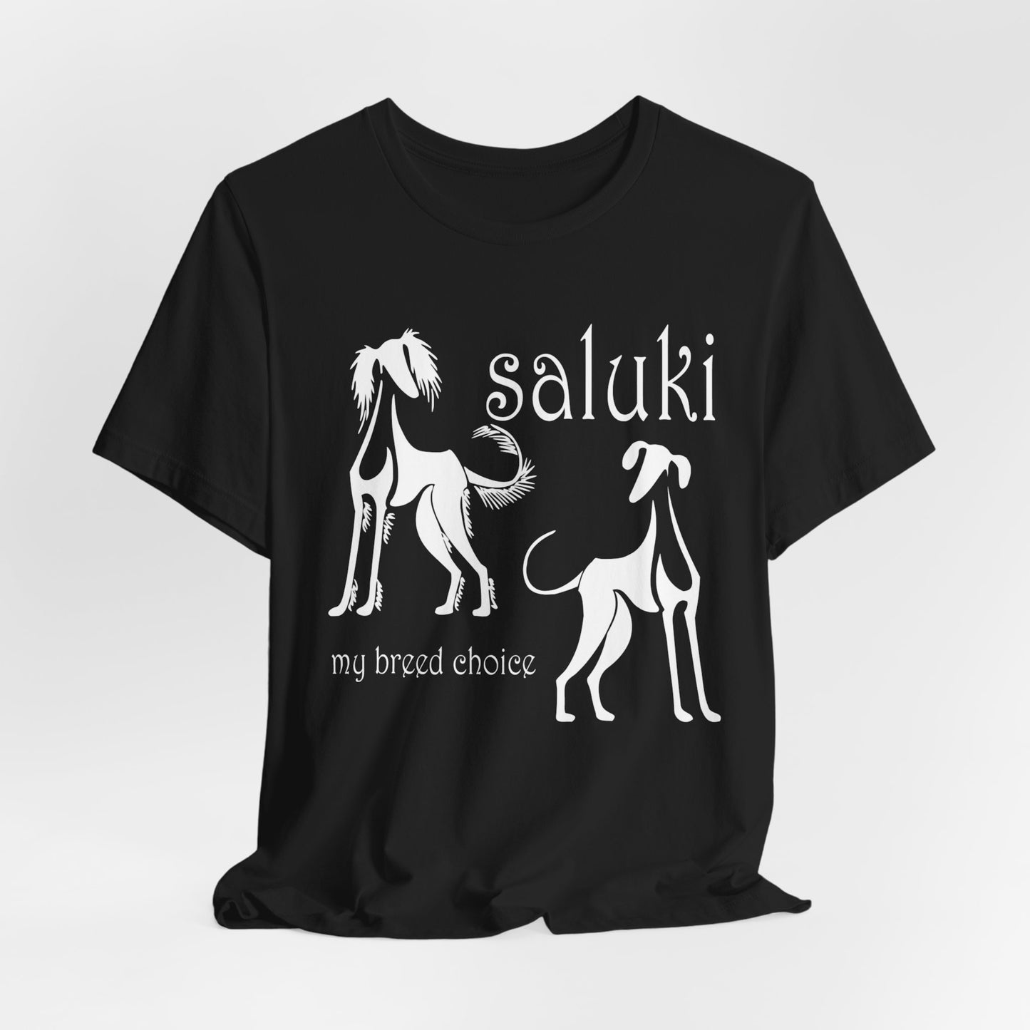 Unisex Jersey Short Sleeve Tee in black featuring the Saluki dog breed in 2 varieties.
